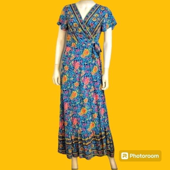 Zesica Dresses & Skirts - Zesica 1990s Turquoise Surplice Floral Wrap Maxi Prairie Dress